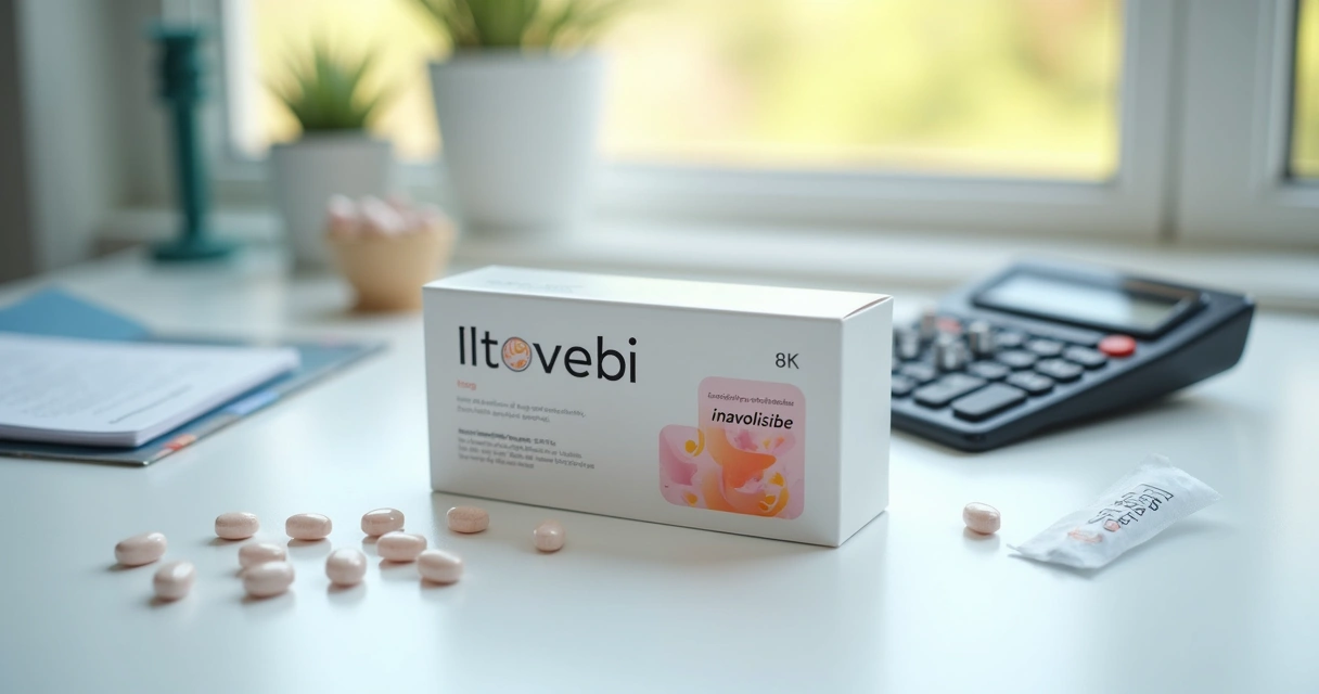 Embalagem de Itovebi (inavolisibe) ao lado de comprimidos e calculadora