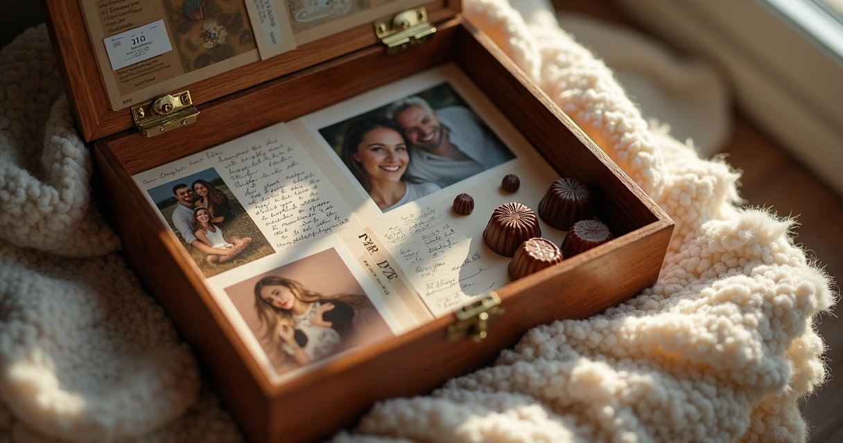 Caixa aberta com fotos e cartas ao lado de chocolates, casal sorrindo