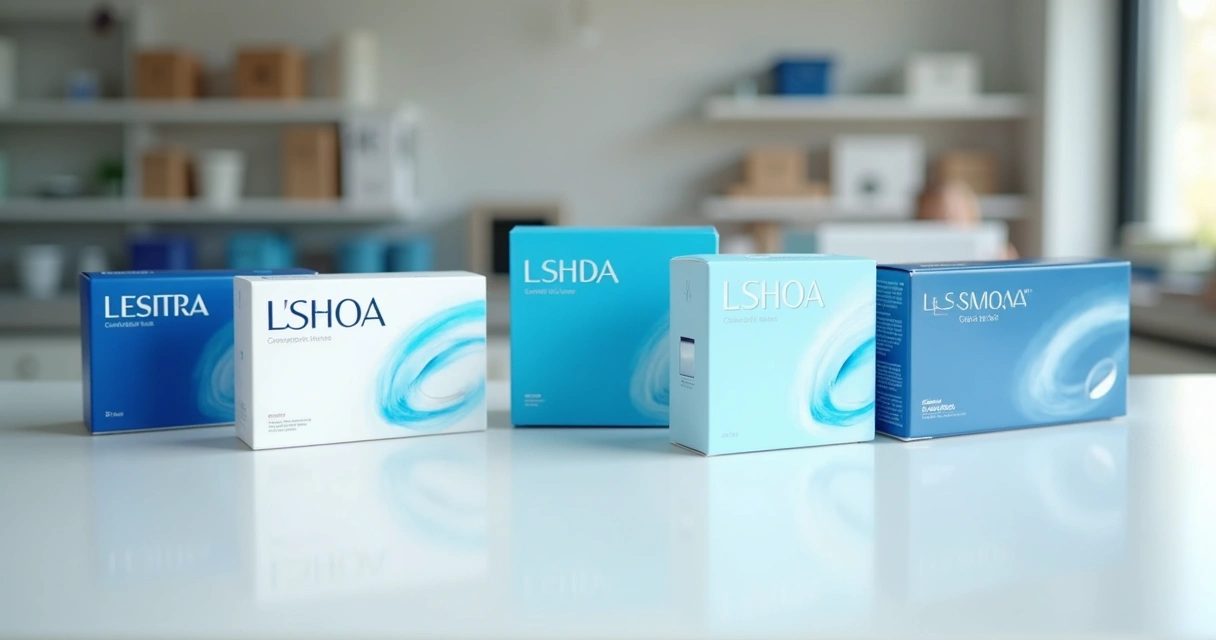 Diversos tipos de lentes de contato em caixas organizadas em cima de bancada 