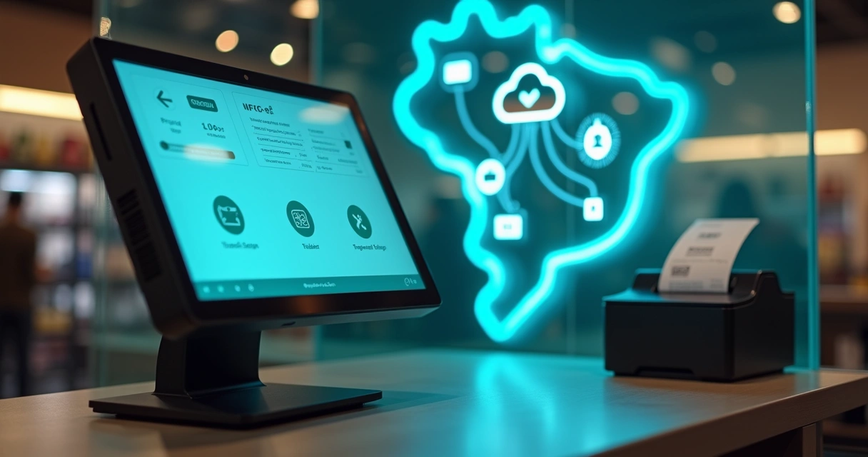 Caixa de loja usando API NFC-e exibida em painel digital com mapa do Brasil 