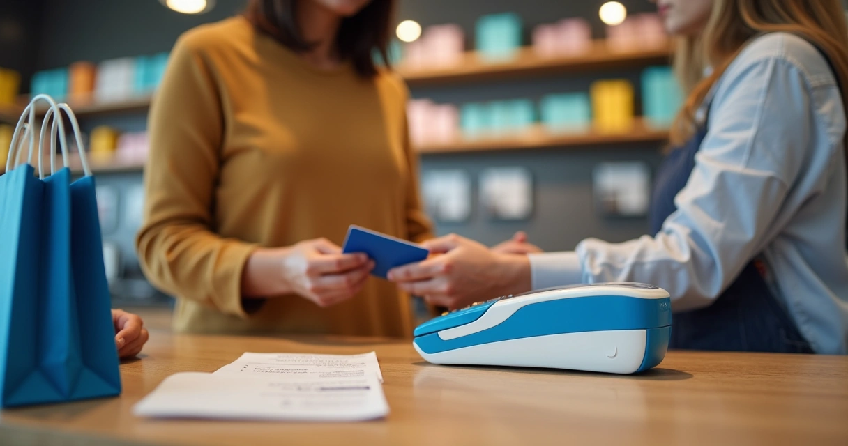 Caixa de loja com cliente usando maquininha de pagamento 