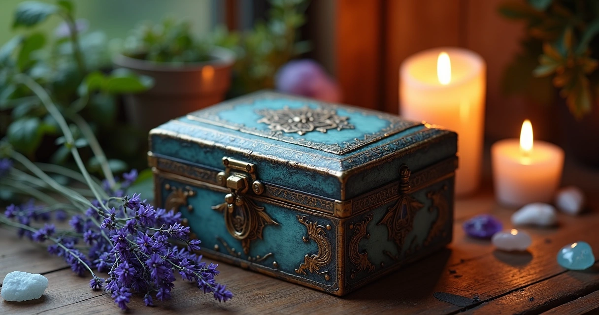 Caixa mágica decorada com cristais, flor e símbolo místico em altar iluminado 