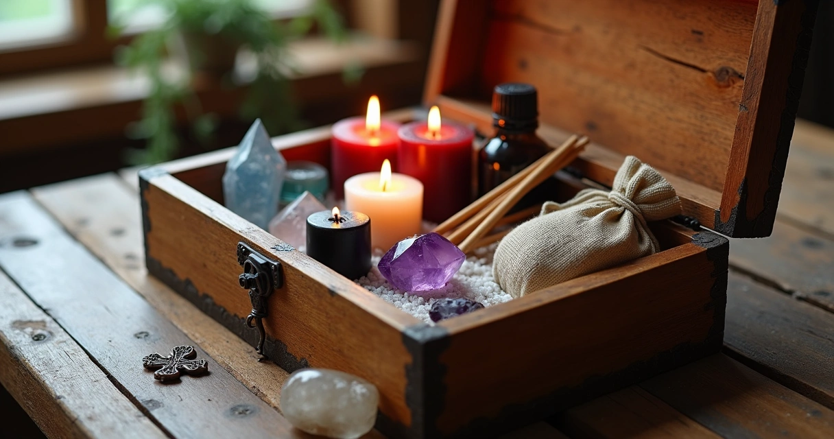 Caixa de madeira aberta com velas pequenas, incensos, cristais, óleo essencial e papel ao redor 
