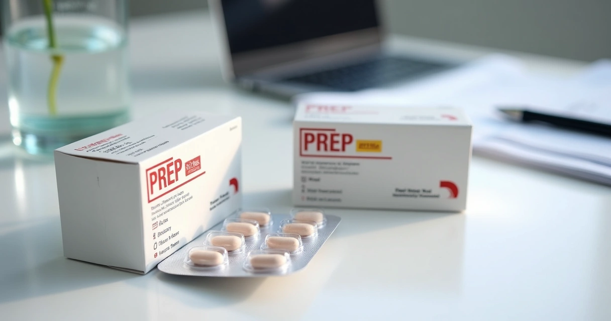 Embalagem de medicamentos de PrEP sobre mesa branca