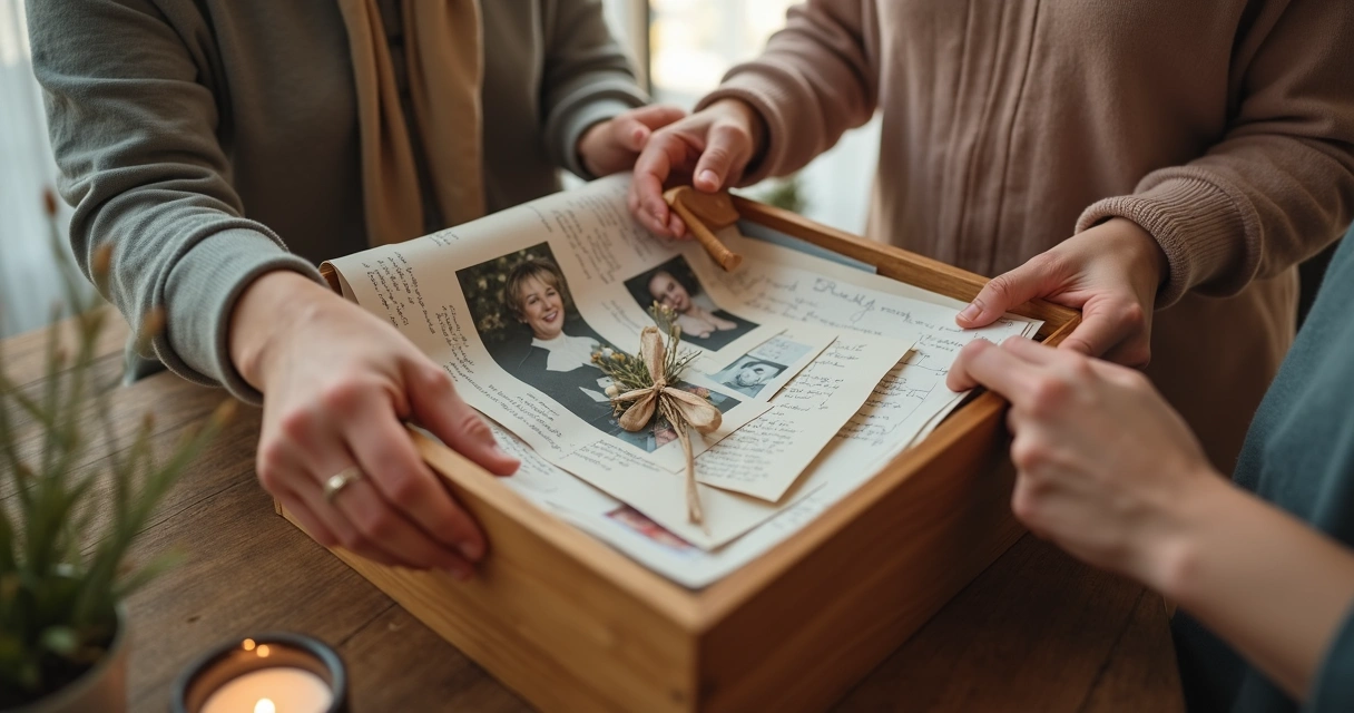 Caixa de memórias com fotos, cartas e vela sobre mesa de madeira 