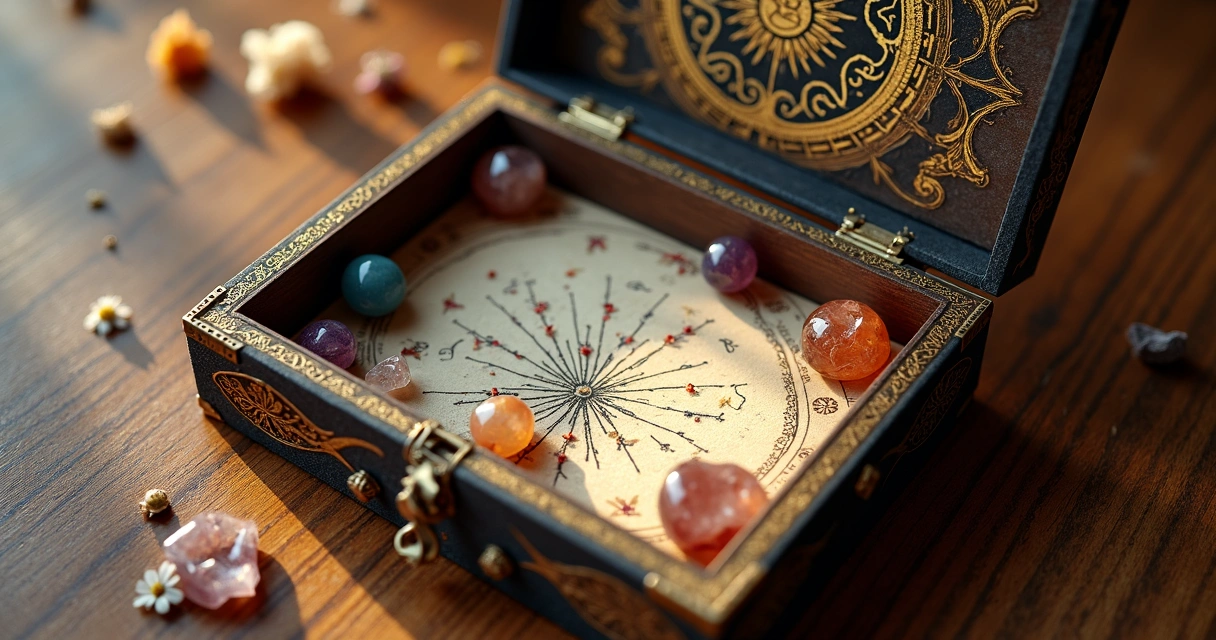 Caixa decorada com cristais coloridos, papéis escritos e elementos esotéricos 