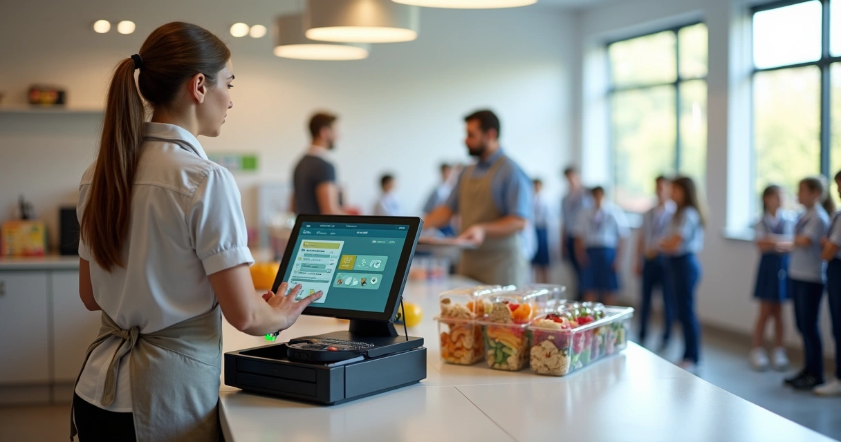 Atendente de cantina escolar usando sistema de PDV em balcão com alunos ao fundo 