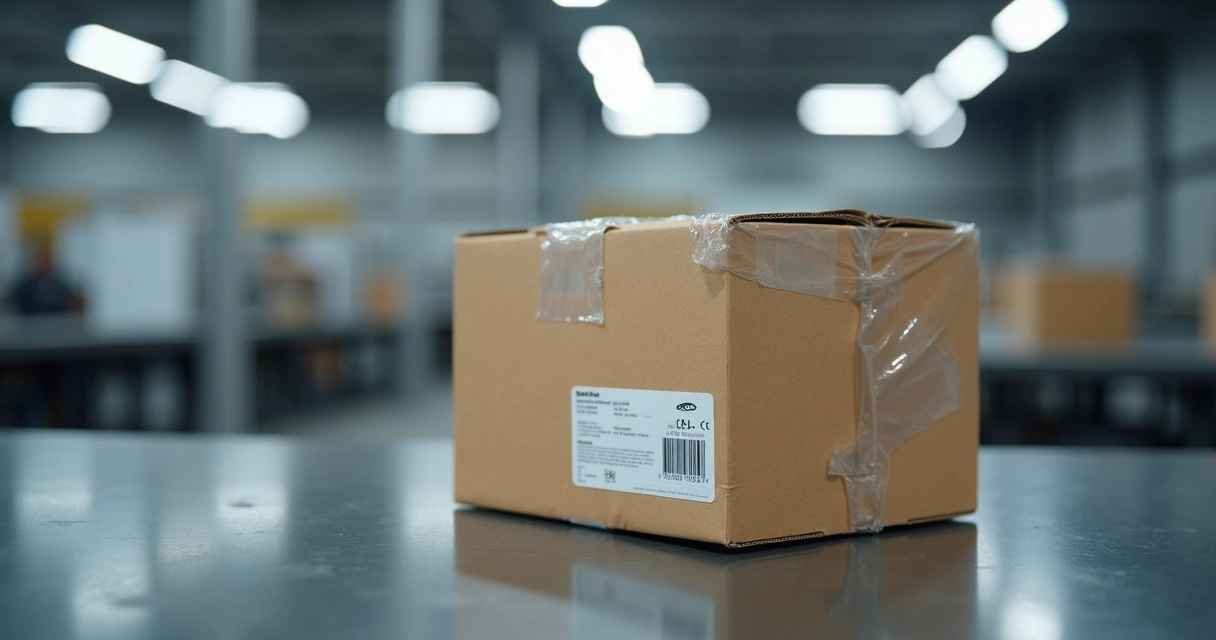 Caixa lacrada de peça nova sobre bancada 