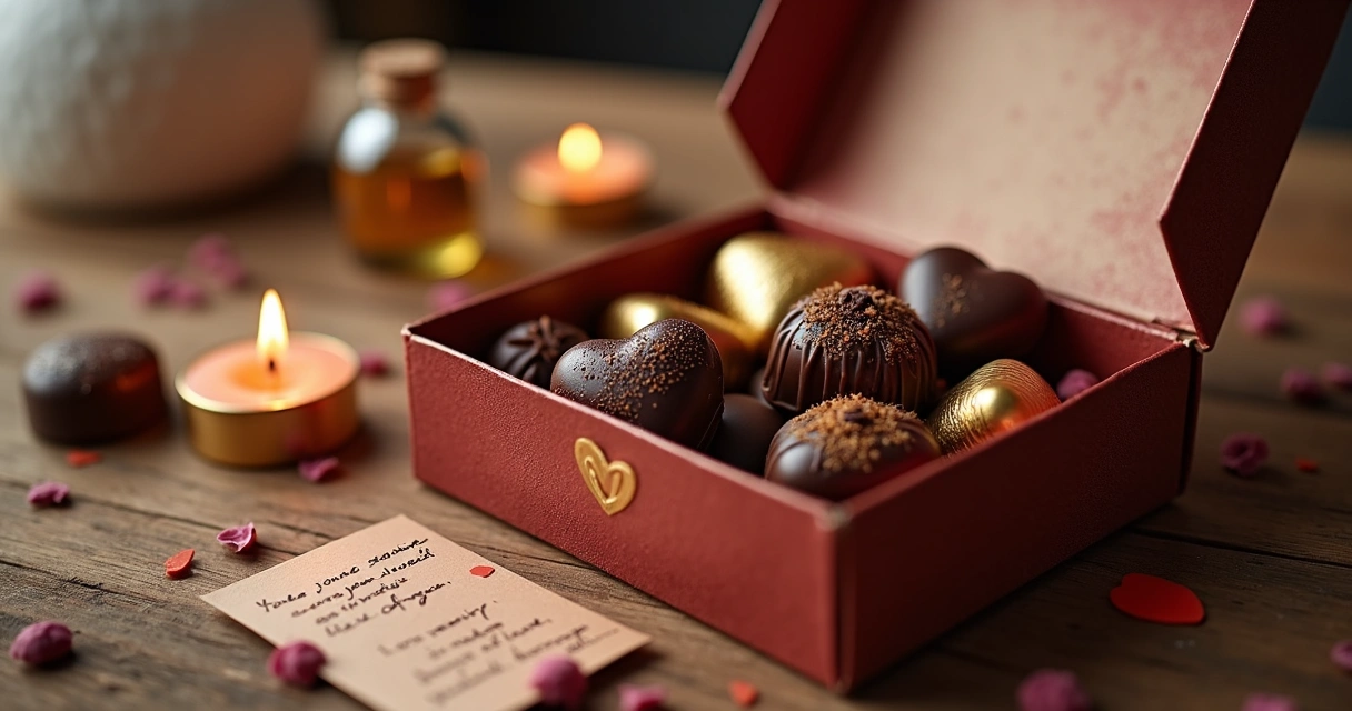 Caixa de presente decorada com chocolates afrodisíacos e bilhetes 
