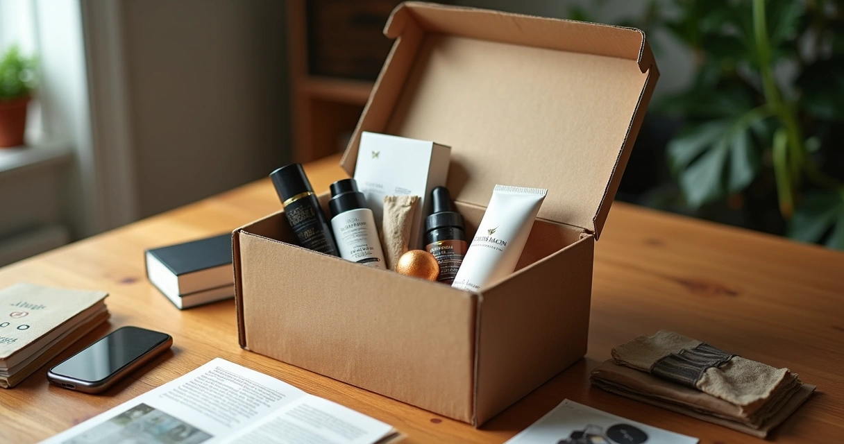 Uma caixa de produtos de assinatura aberta em uma mesa de madeira, com itens variados empilhados em destaque 