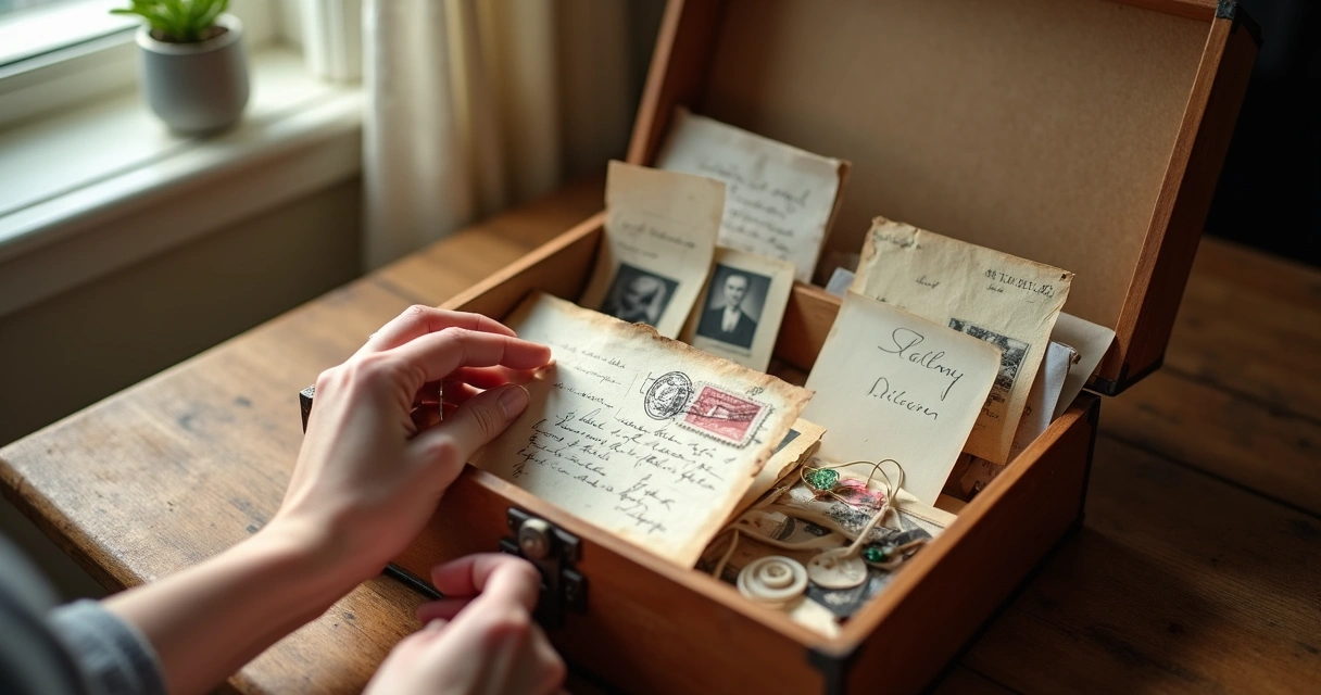 Caixa de recordações com cartas, fotos antigas e pequenos objetos pessoais 