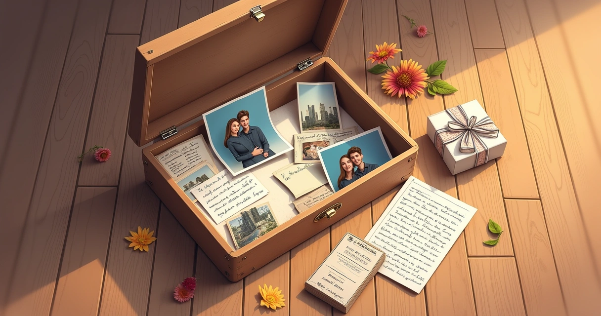 Caixa aberta com recordações do casal, fotos e cartas 