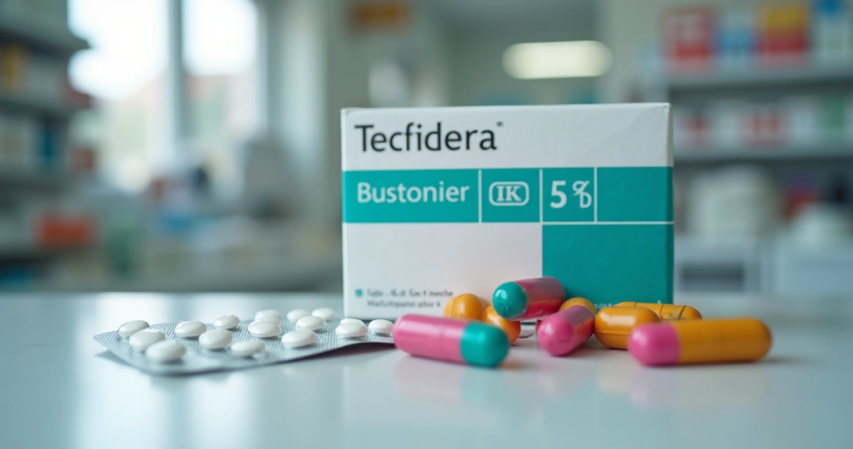 Caixa e cápsulas coloridas de Tecfidera lado a lado