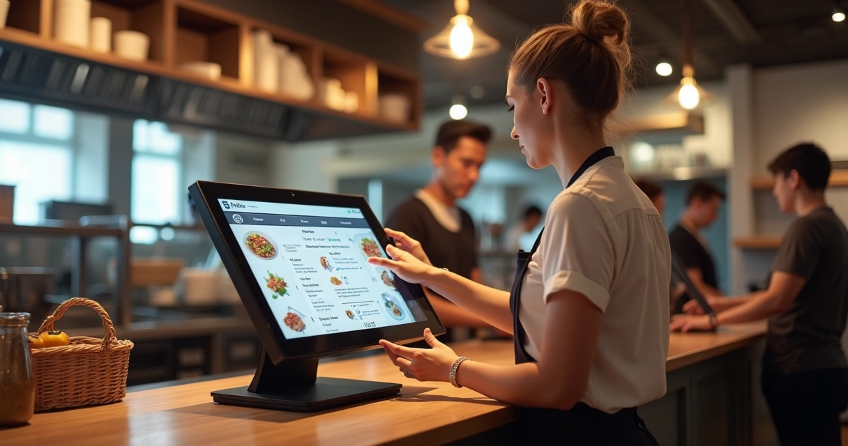 Pessoa operando caixa digital em restaurante