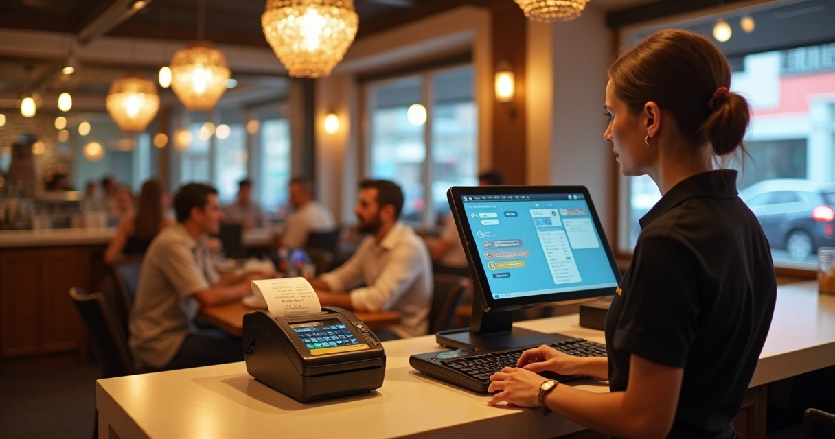 Funcionário usando sistema PDV integrado em restaurante 