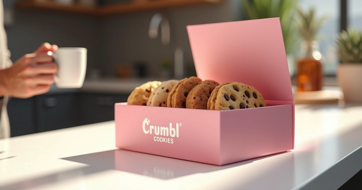 Caixa rosa rectangular de cookies Crumbl sobre balcão 