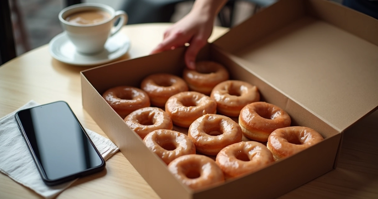 Caixa de rosquinhas sobre mesa com celular aberto em rede social 