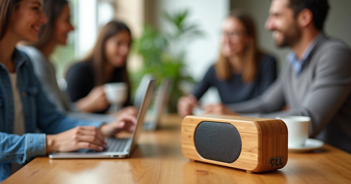 Caixa de som portátil de bamboo personalizada em ambiente descontraído 