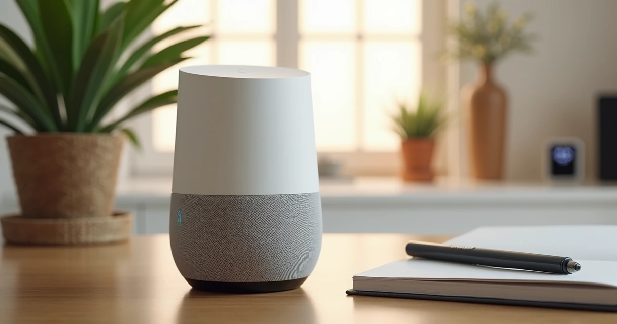 Caixa de som inteligente sobre mesa ao lado de planta 