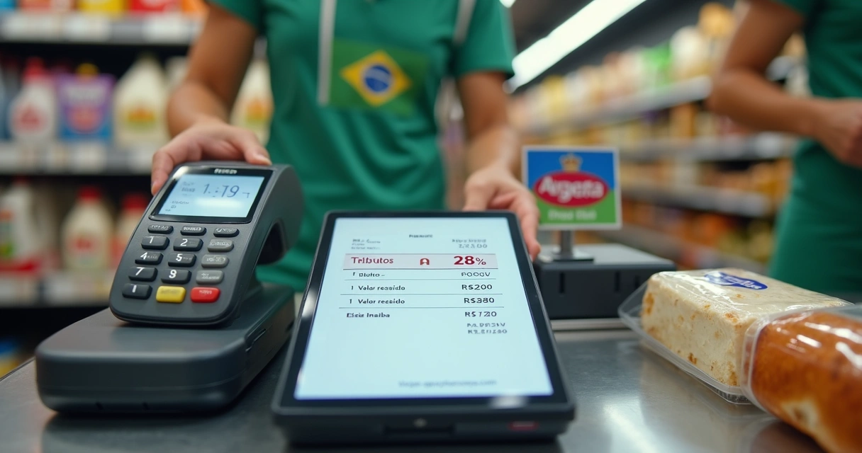 Balcão de supermercado exibindo na máquina de cartão a divisão instantânea entre imposto e valor líquido da venda 