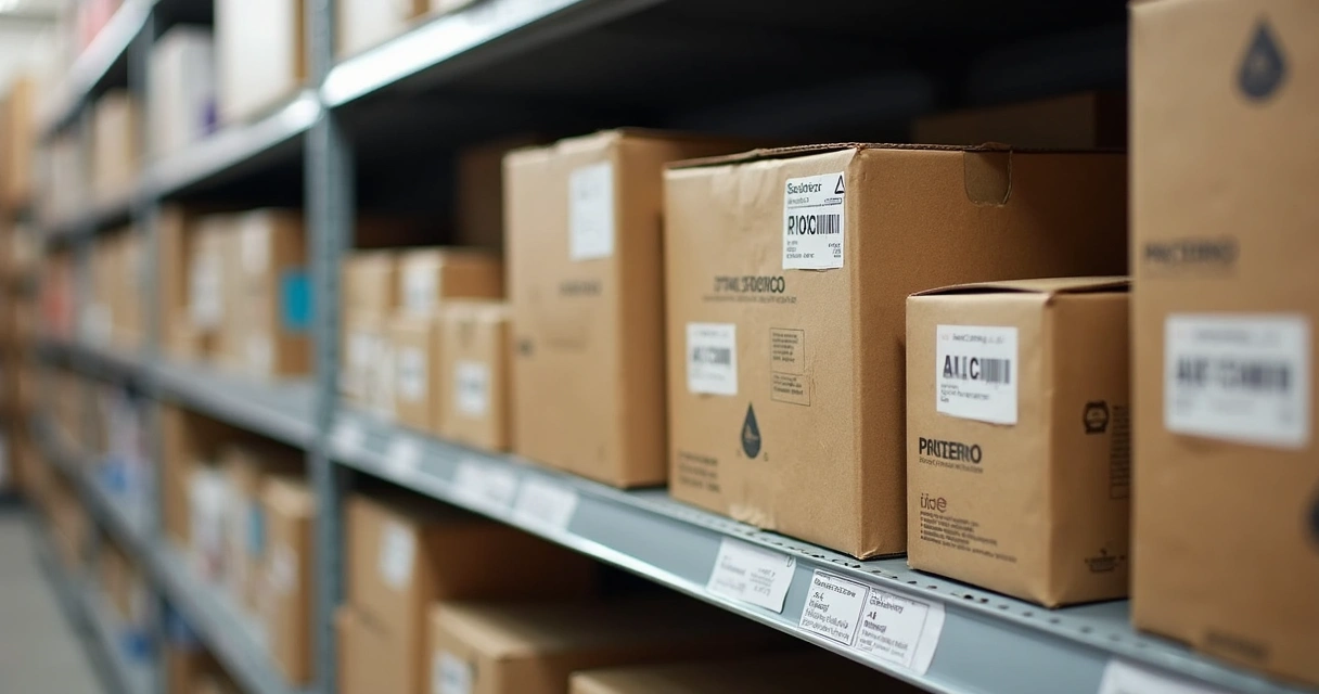 Diversas caixas com suprimentos de impressão organizadas em uma prateleira 