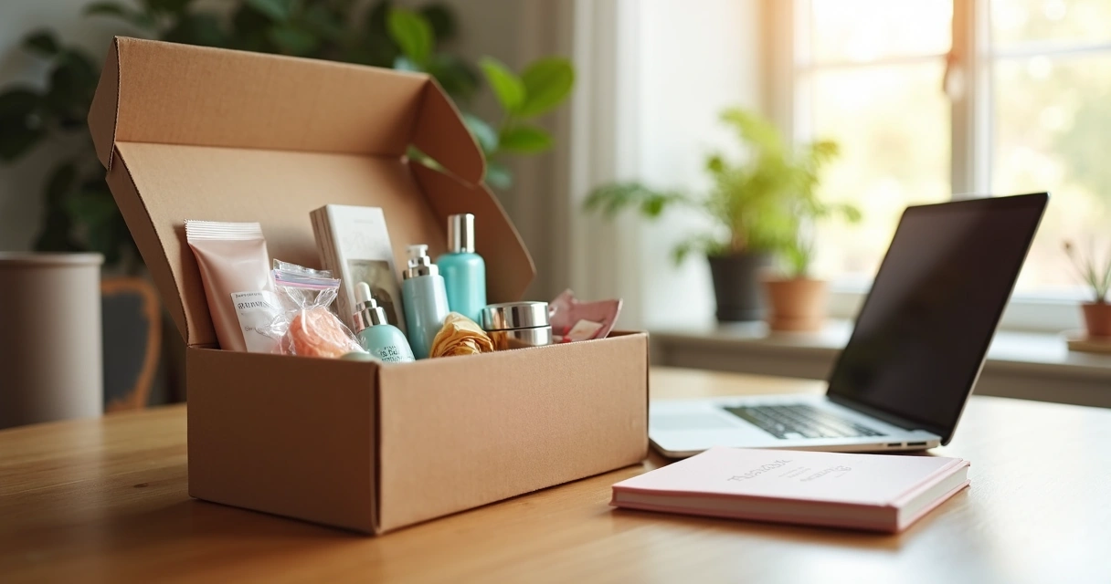 Caixa de assinatura aberta com produtos variados em cima de mesa de madeira 