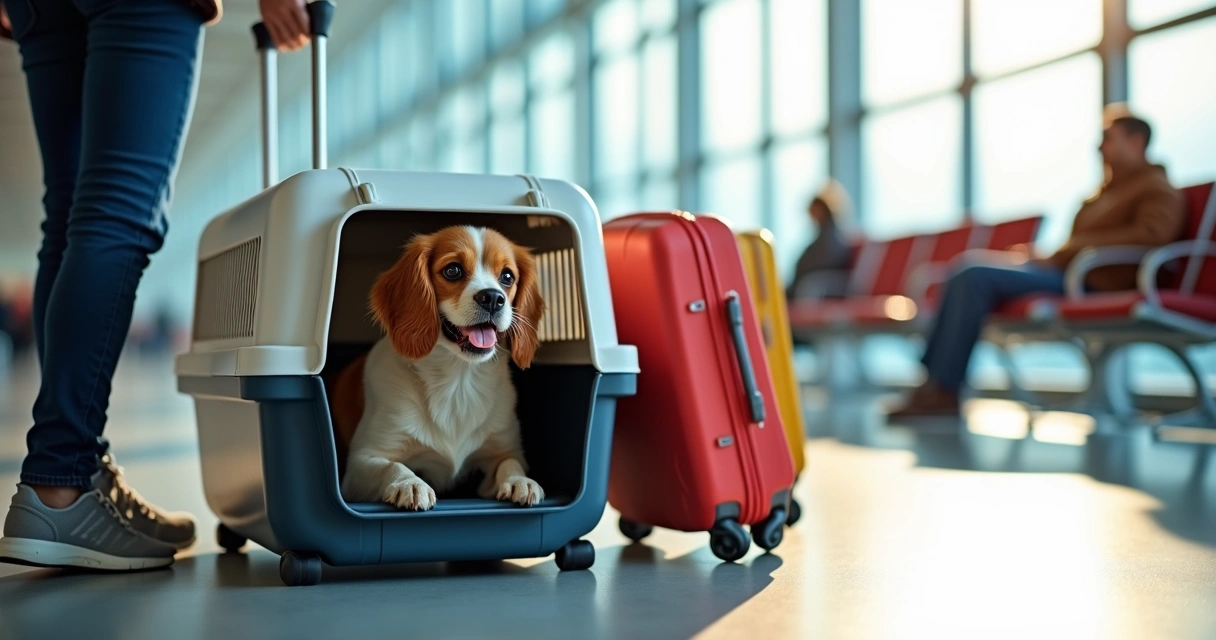 Caixa de transporte com pet, dentro do saguão de aeroporto 