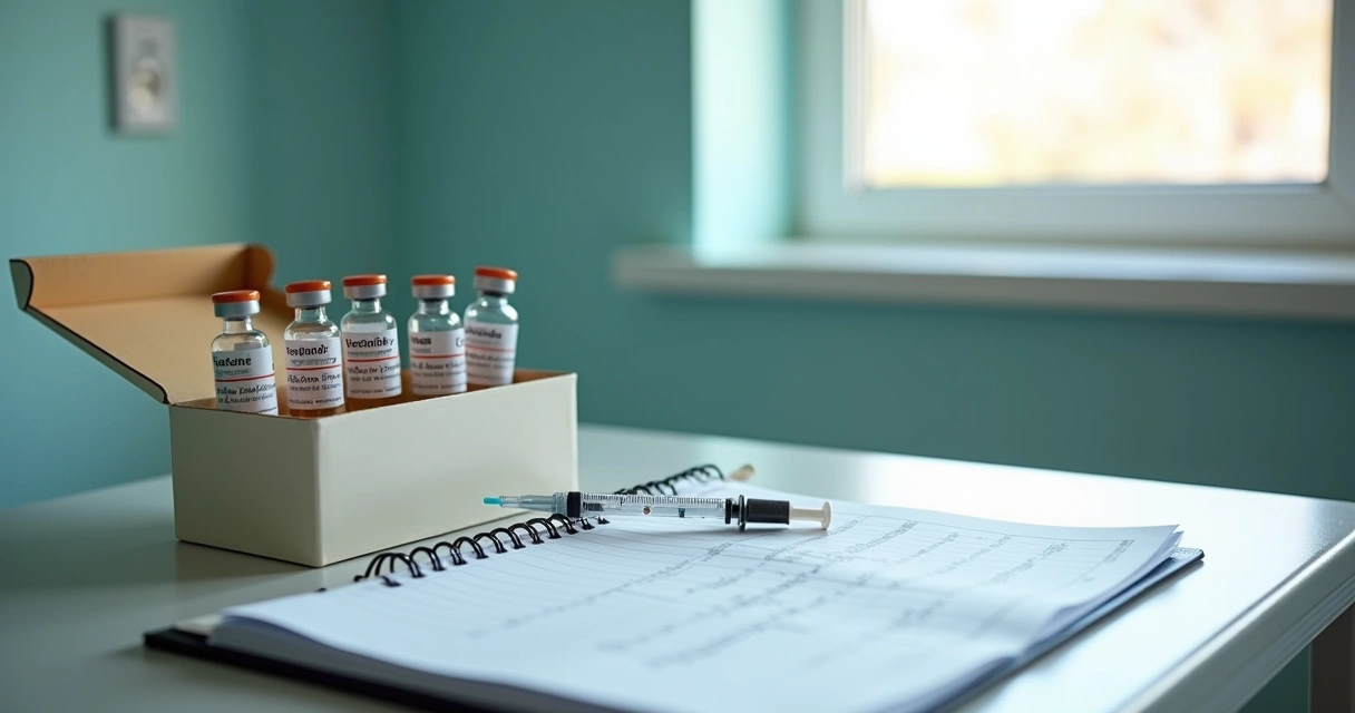 Caixa de vacinas caninas numa mesa com seringas 