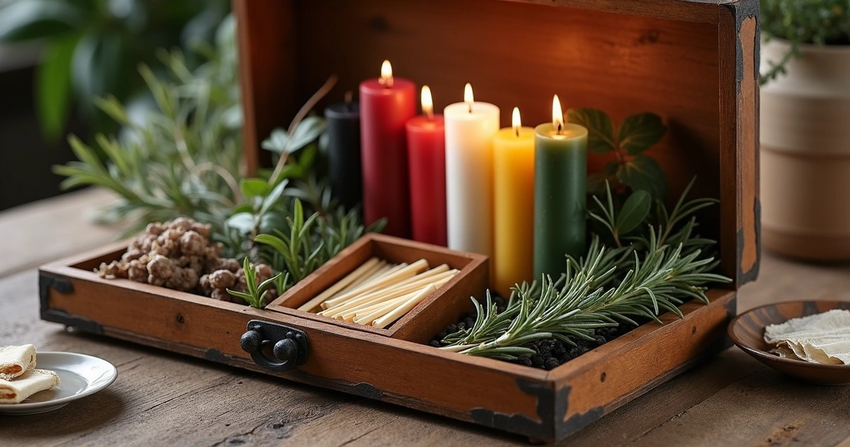 Caixa de velas de diferentes cores, fósforos e ervas secas organizados em um compartimento artesanal. 
