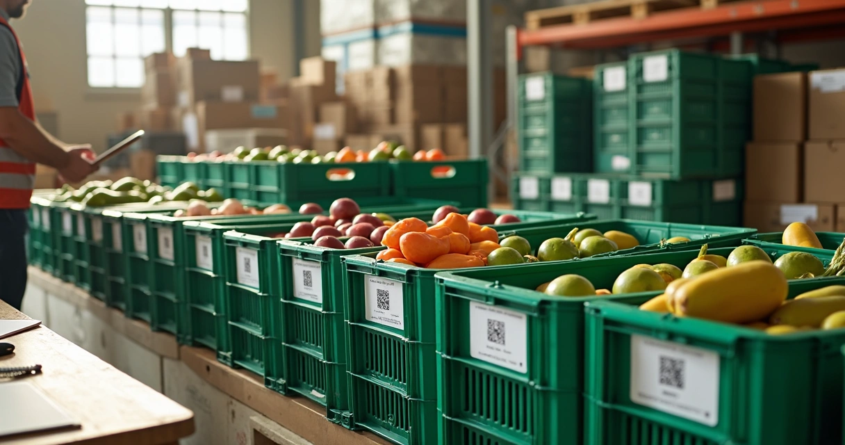 Caixas agrícolas identificadas com etiquetas e QR code