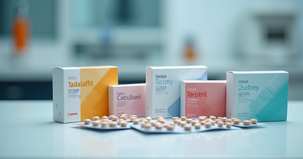 Caixas e blisters de comprimidos de tadalafila sobre mesa branca com luz clínica 