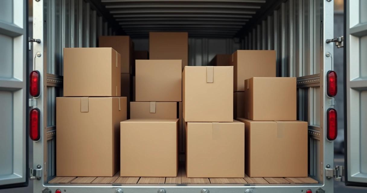 Caixas empilhadas em caminhão de transporte, mostrando aproveitamento de espaço. 