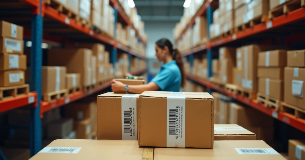 Funcionário separando caixas para envio rápido em estoque de loja online 