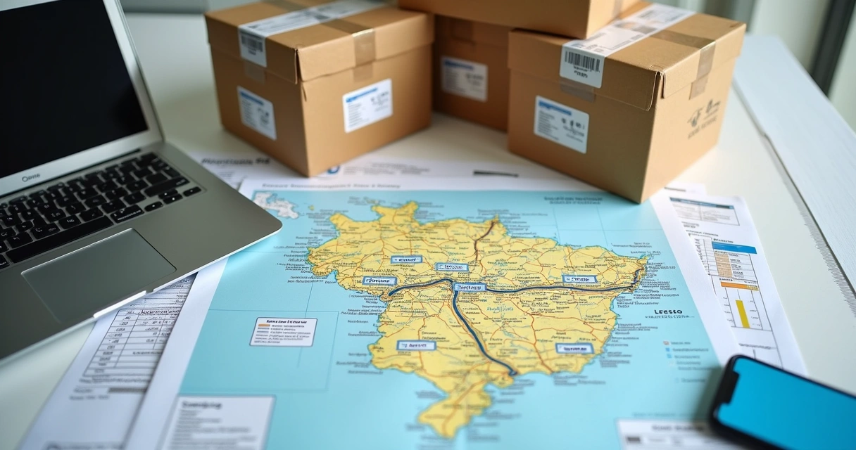 Caixas de envio sobre mesa com mapa de São Paulo ao fundo