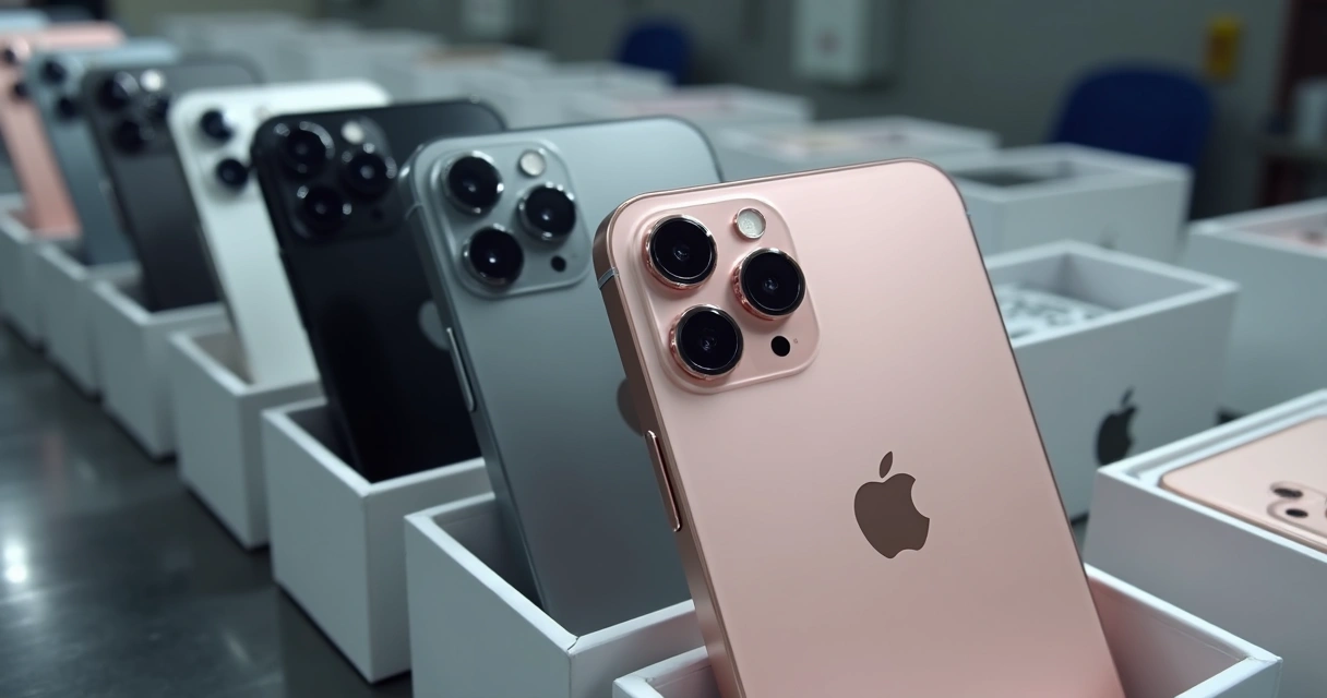 Novos iPhone 17 alinhados em caixas, destacando módulo de câmeras retangular grande 