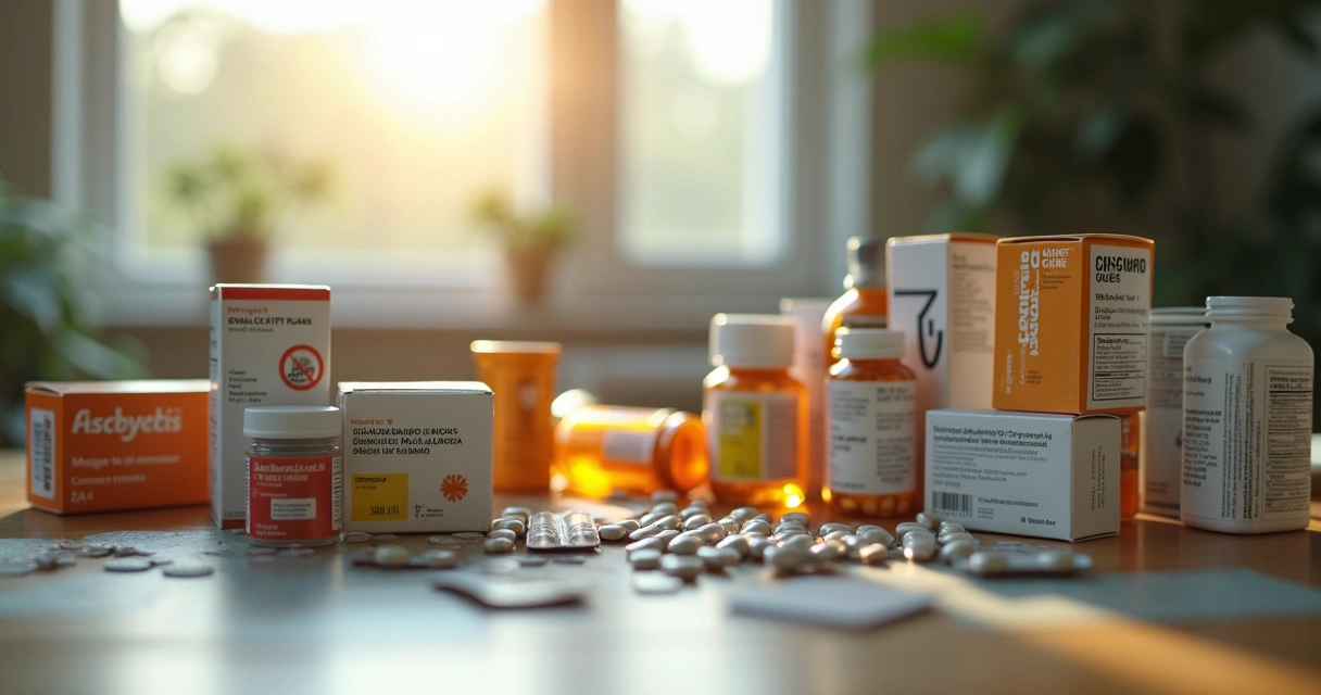 Várias caixas de medicamentos sobre uma mesa de madeira, com potes transparentes ao fundo 