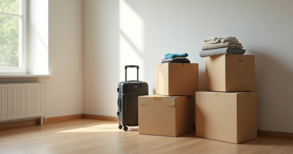 Caixas de mudança empilhadas em sala de apartamento vazio. 