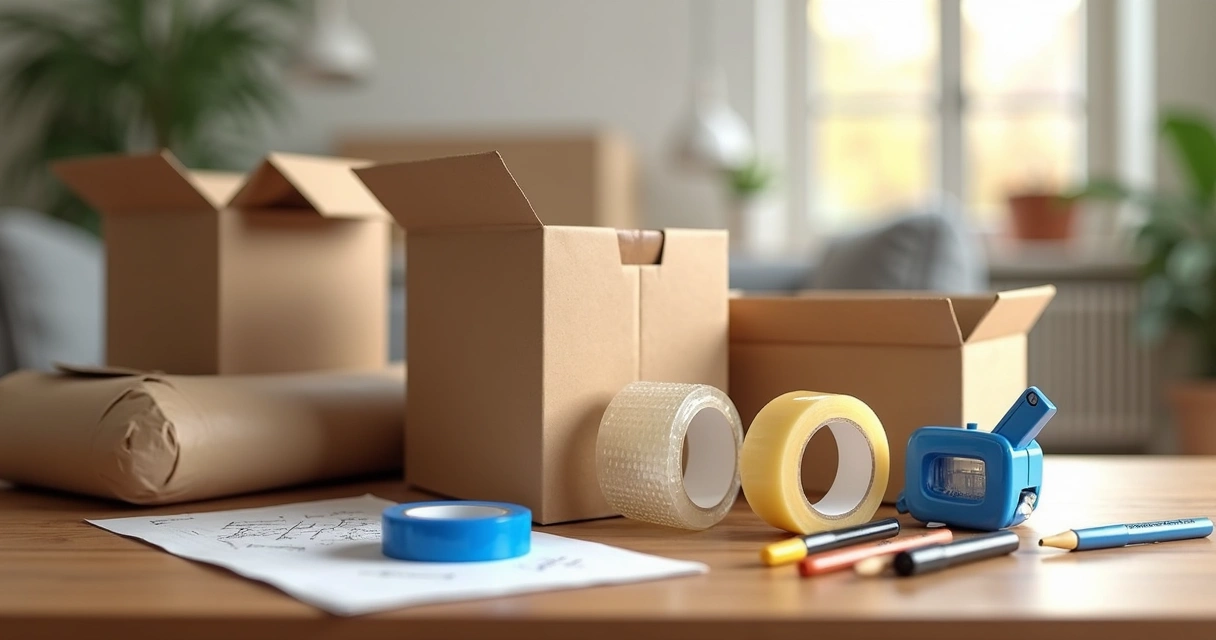 Caixas, papéis e fitas para mudança organizados 