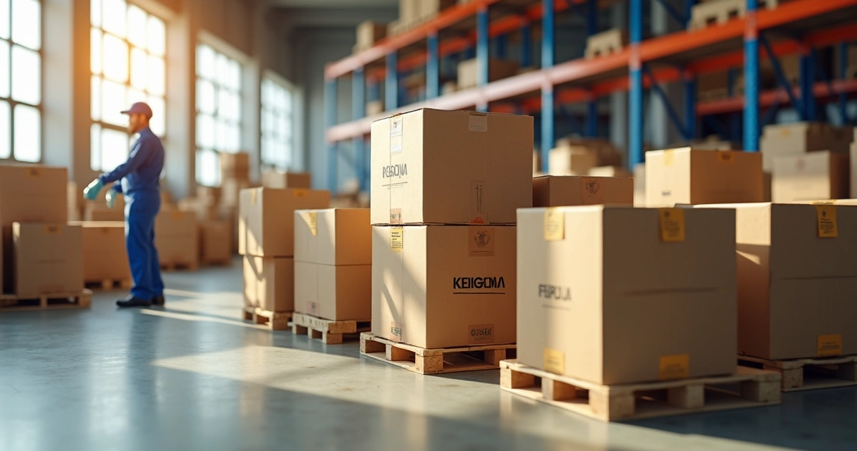 Caixas de papelão personalizadas empilhadas em um armazém industrial 