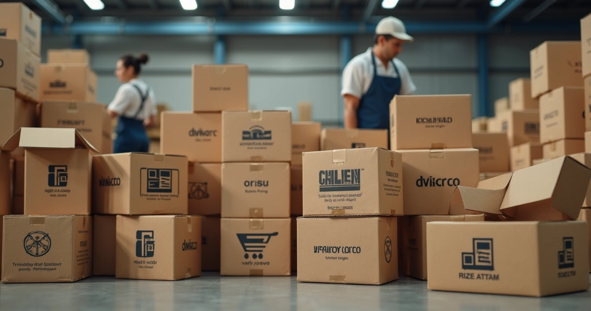 Caixas de papelão personalizadas empilhadas em ambiente industrial 