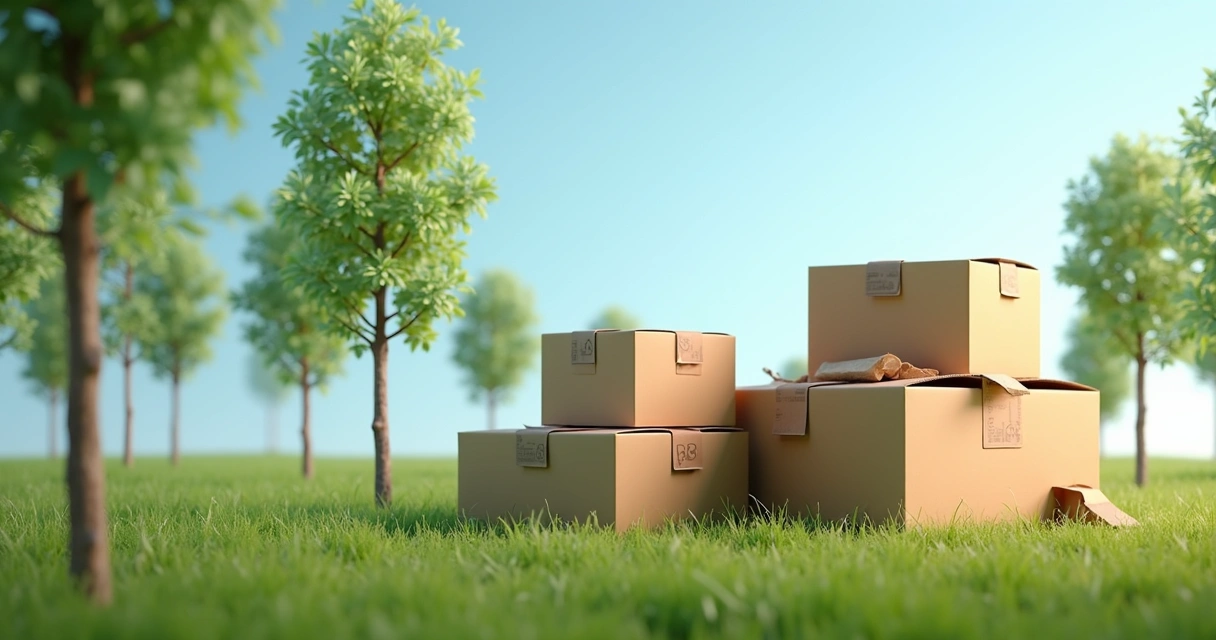 Embalagens de papelão ao lado de mudas e árvores em cenário limpo 
