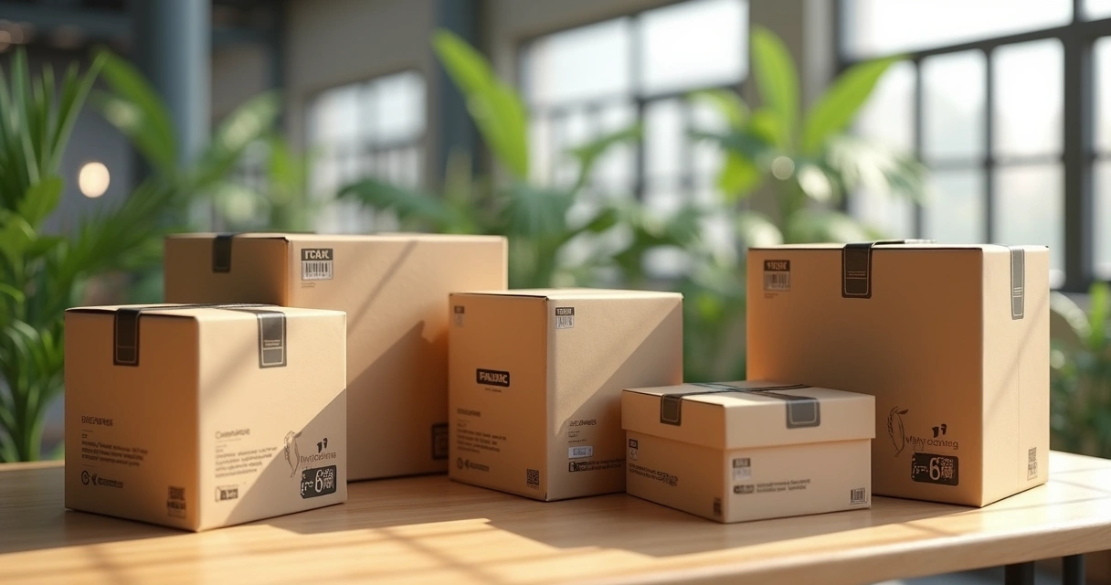 Caixas de papelão personalizadas sobre uma mesa de madeira com etiquetas de e-commerce 