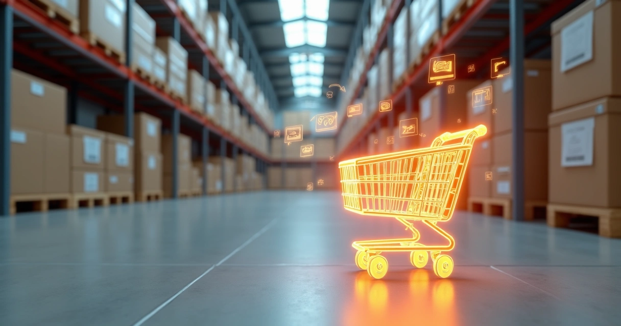 Caixas de produtos importados empilhadas em depósito moderno com carrinho de compra digital ao lado 