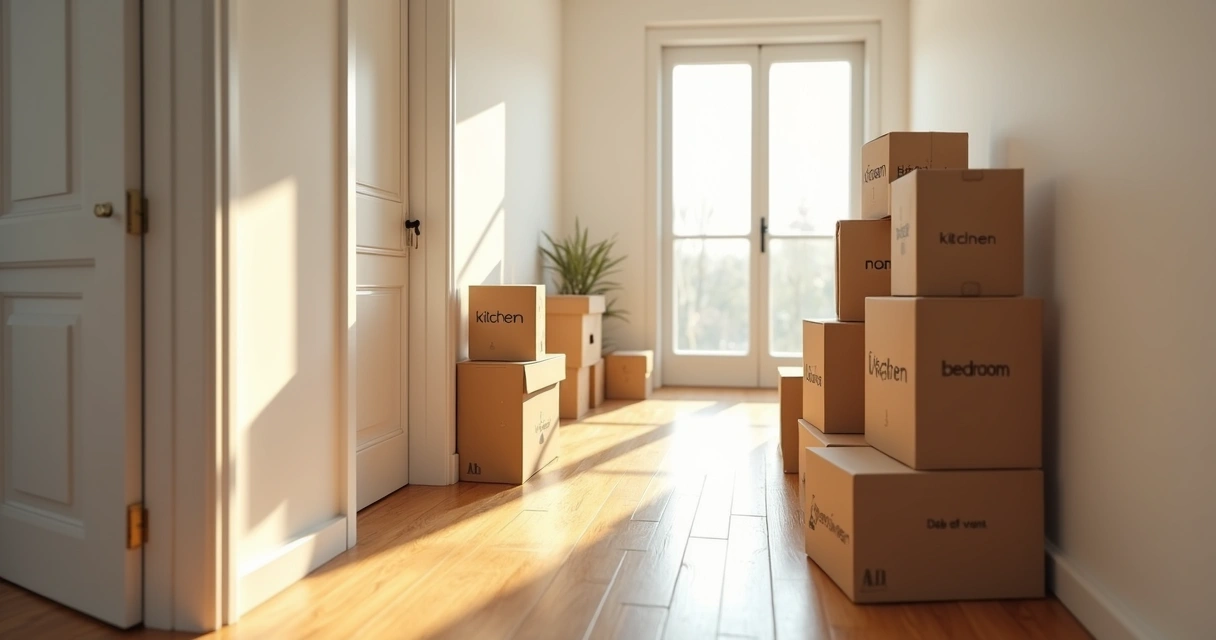 Caixas de mudança rotuladas e organizadas em um corredor 