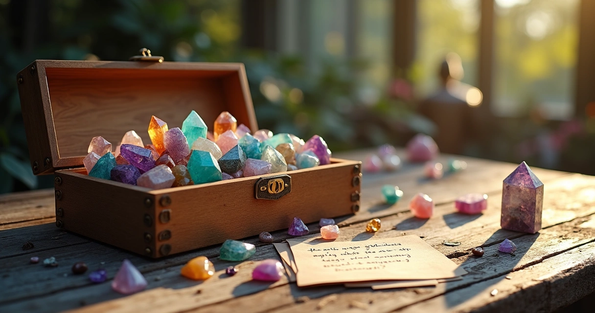 Cristais coloridos dentro de uma caixa de madeira clara ao lado de papel com metas escritas 