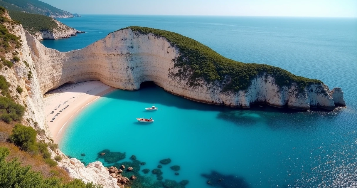 Vista aérea da Cala Goloritzè, com águas azul-turquesa e falésias de calcário branco 