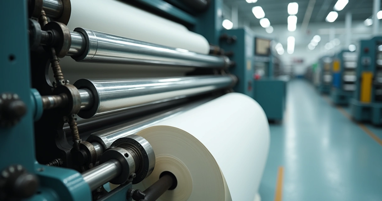 Cilindros de calandra industrial alinhados na linha de produção de papel