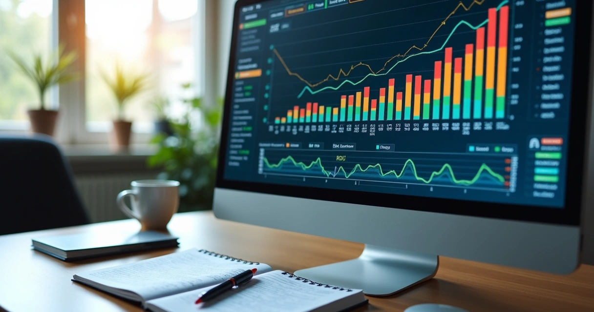Computador com gráficos de desempenho e indicadores financeiros sobre custos de aquisição digital 