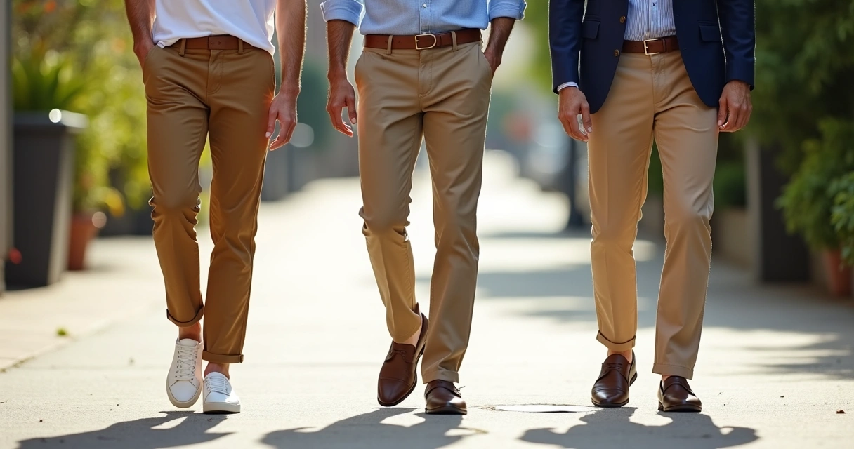 Homens vestindo cal&ccedil;a chino em diferentes looks, casual e social 