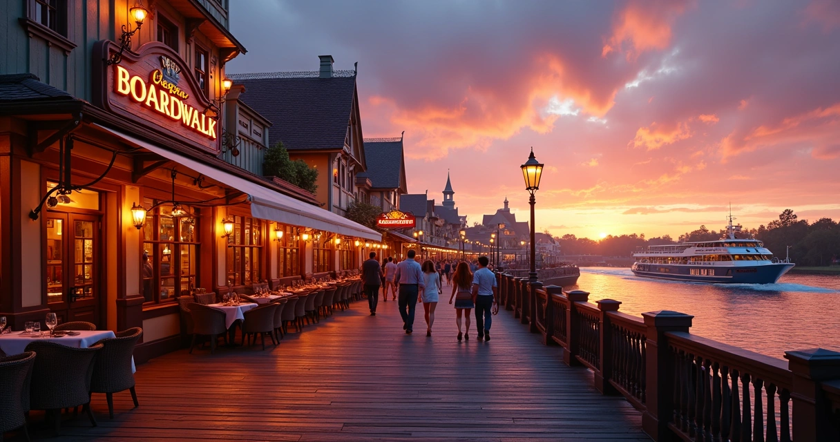 Calçadão com prédios iluminados e pessoas caminhando no Disney Boardwalk à noite 